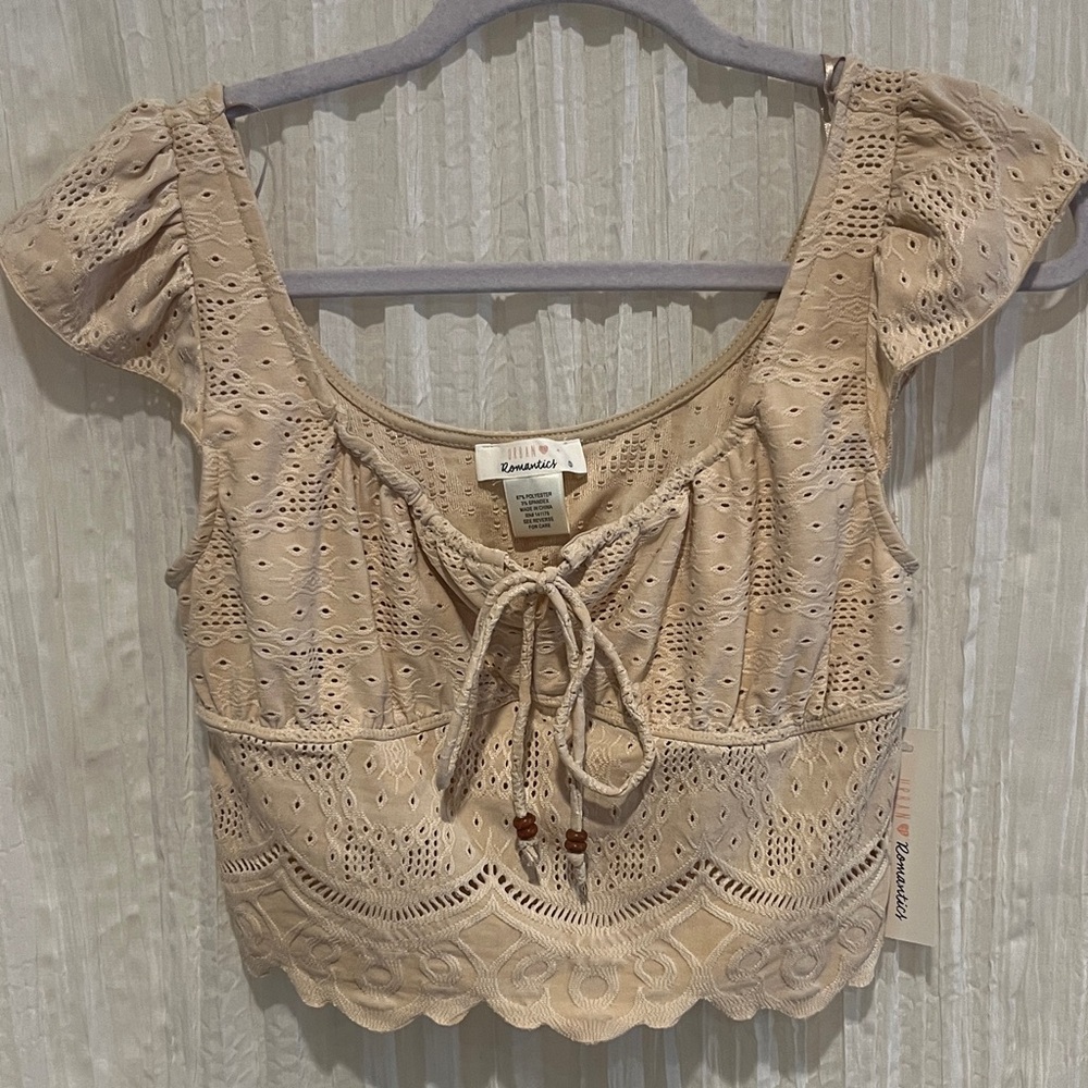 Beige Eyelet Lace-Up Blouse